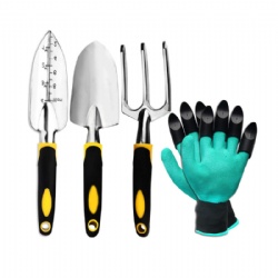 4 pcs Garden Tools Kit Hot sale on Amazon, Aluminium Alloy steel, Non slip handle, Trowel + Transplanter + Fork + Glo ve