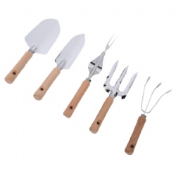 5 pieces Garden Tools Kit Hot sale on Amazon, Stainless Steel, Wooden handle, Trowel + Transplanter + Rake + Fork + Weeder