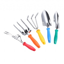 5 pieces Stainless Steel Garden Tools Set Hot sale on Amazon, Plastic handle, Trowel + Transplanter + Rake + Fork + Weeder