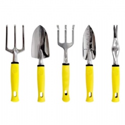 5 pieces Garden Tools Set, Aluminium Alloy, Yellow color handle, Flower kits, Trowel + Transplanter + Rake + Fork + Weeder