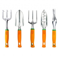 5 pieces Garden Tools Set, Aluminium Alloy, Orange color handle, Flower kits,  Trowel + Transplanter + Rake + Fork + Weeder